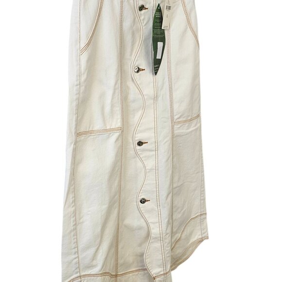 Farm Rio Denim Wave Maxi Skirt, White, Cotton, Contrast Stitch, Button Front, 26 - Picture 8 of 9